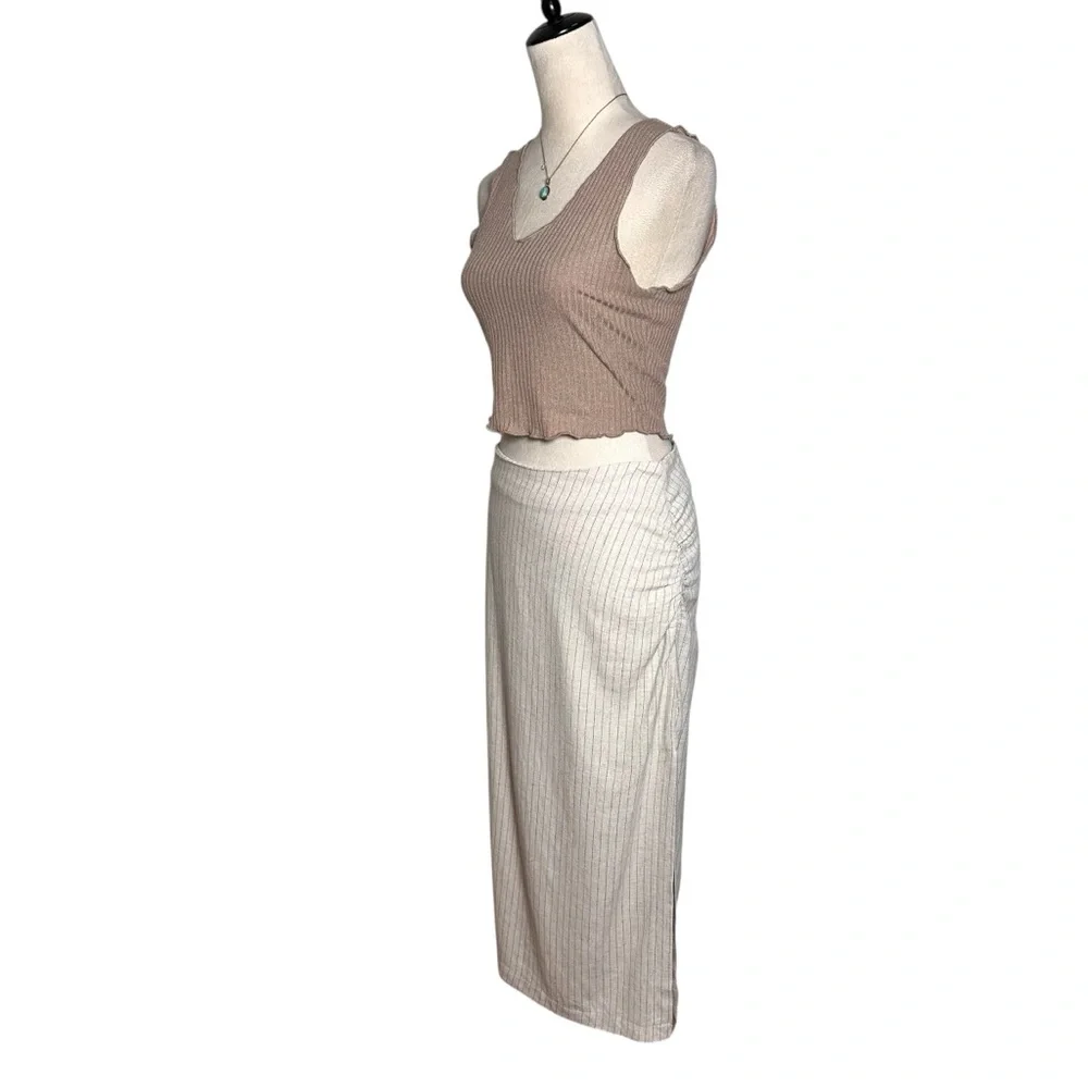 Miou Muse Linen Blend Ruched Midi Skirt M Striped‎ Minimalist Neutral Old Money